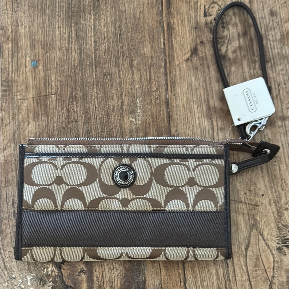 Coach Signature Brown and Cream Wristlet